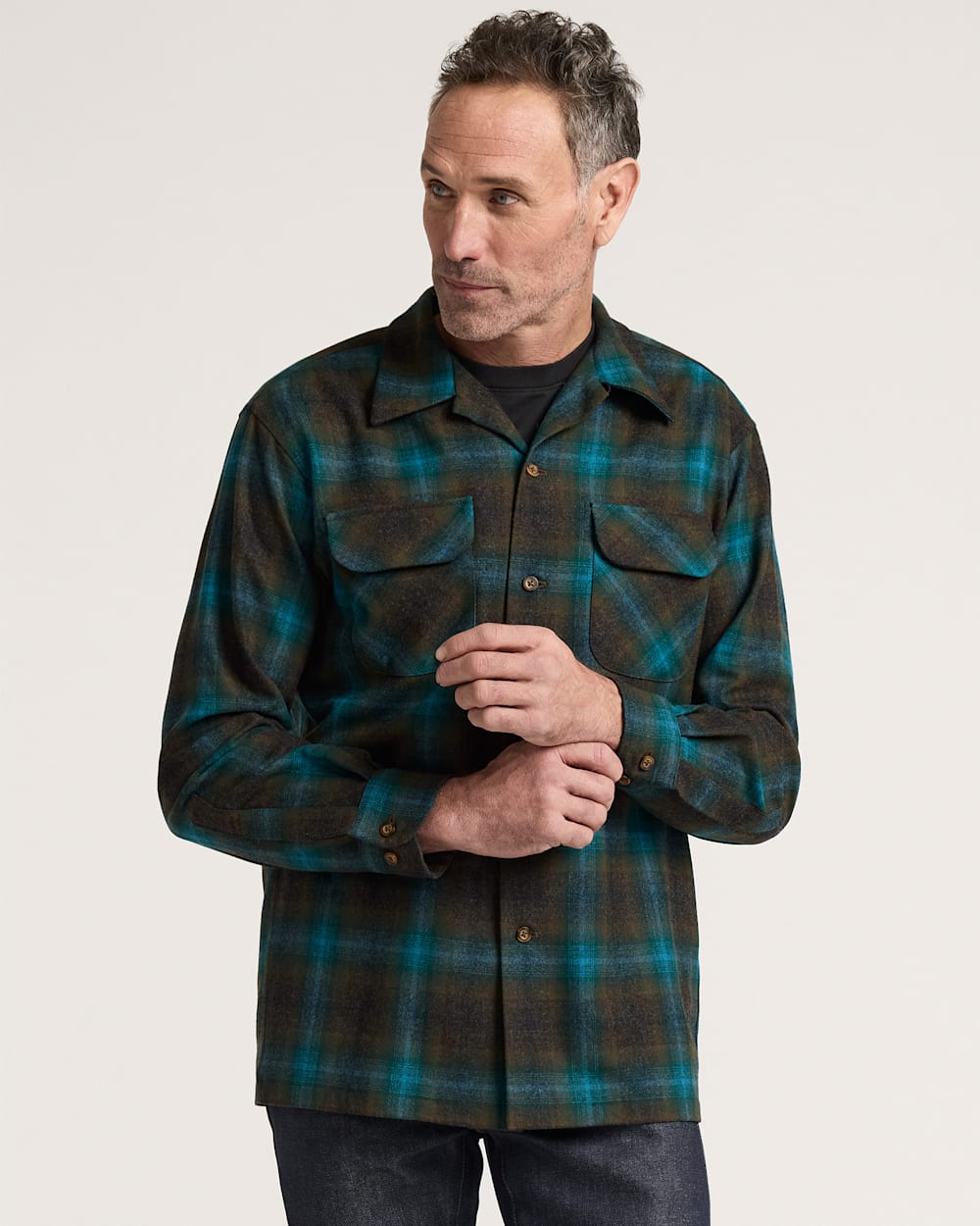 MEN'S PLAID BOARD SHIRT<br>TEAL/CHARCOAL OMBRE