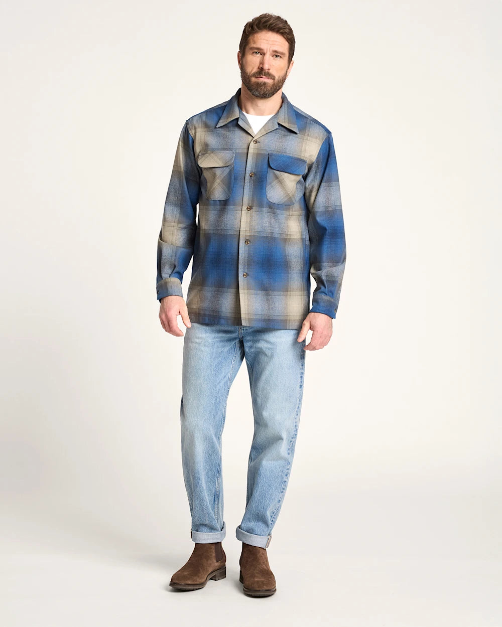 MEN'S PLAID BOARD SHIRT<br>BLUE/TAN OMBRE