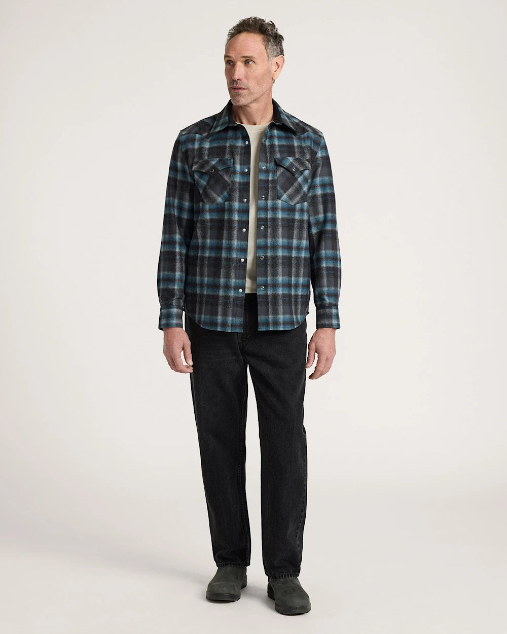 MEN'S PLAID SNAP-FRONT WESTERN CANYON SHIRT<br>GREY MIX/AQUA PLAID