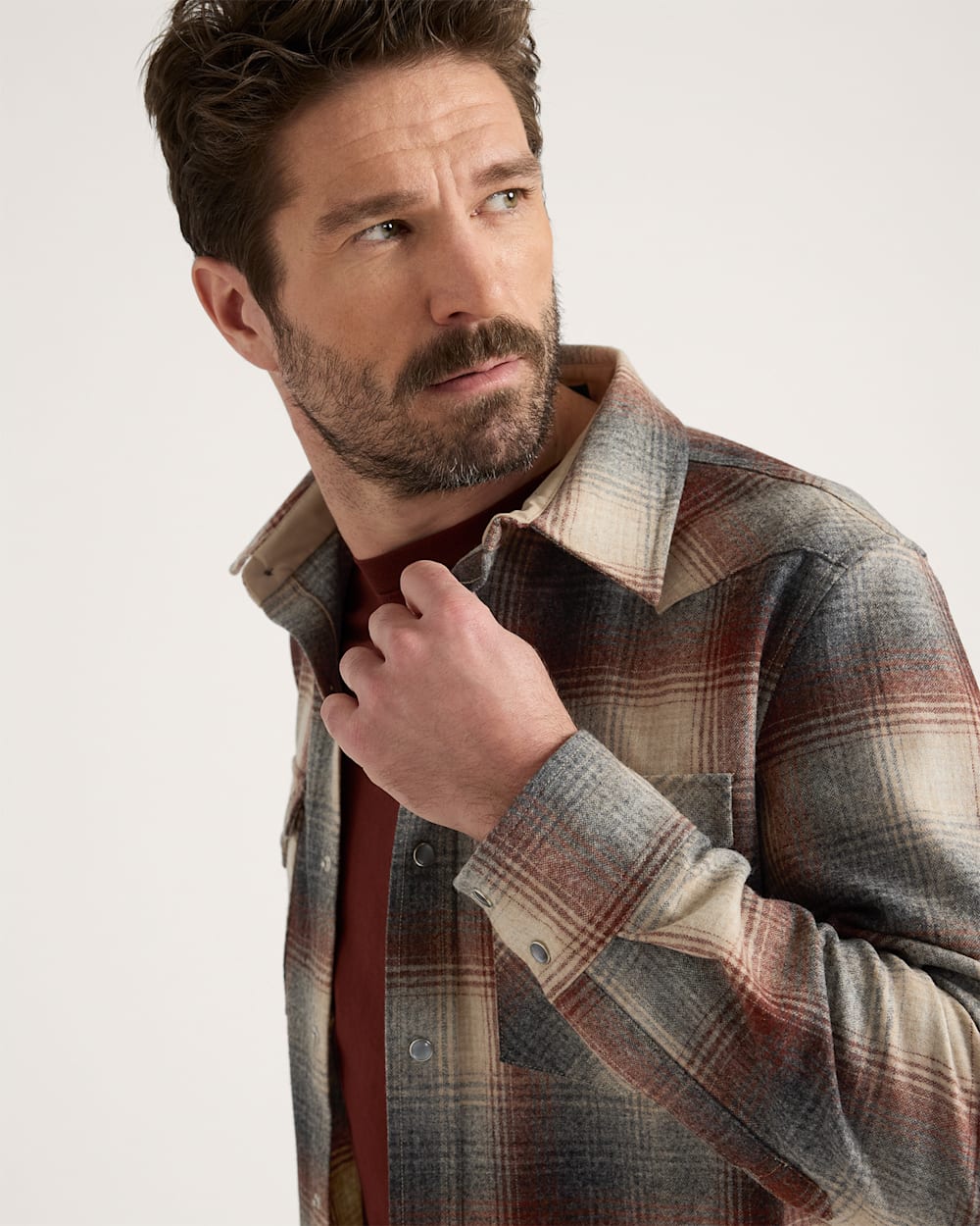 MEN'S PLAID SNAP-FRONT WESTERN CANYON SHIRT<br>RED/GREY MIX OMBRE