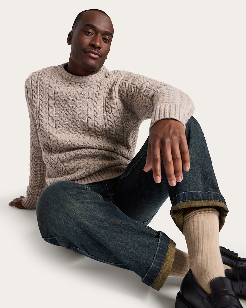 MEN'S SHETLAND COLLECTION FISHERMAN SWEATER<br>WHEAT MIX