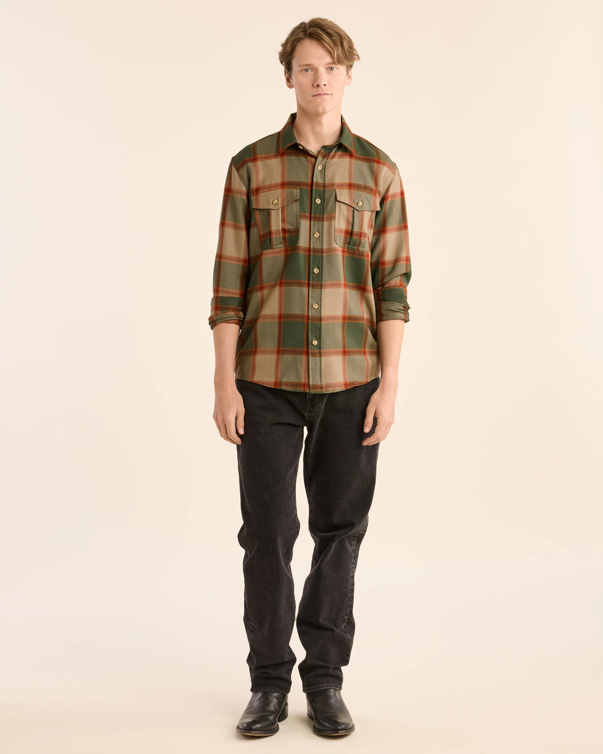 SAMPLE - Harrison Merino Shirt<br>Tan/Olive Plaid