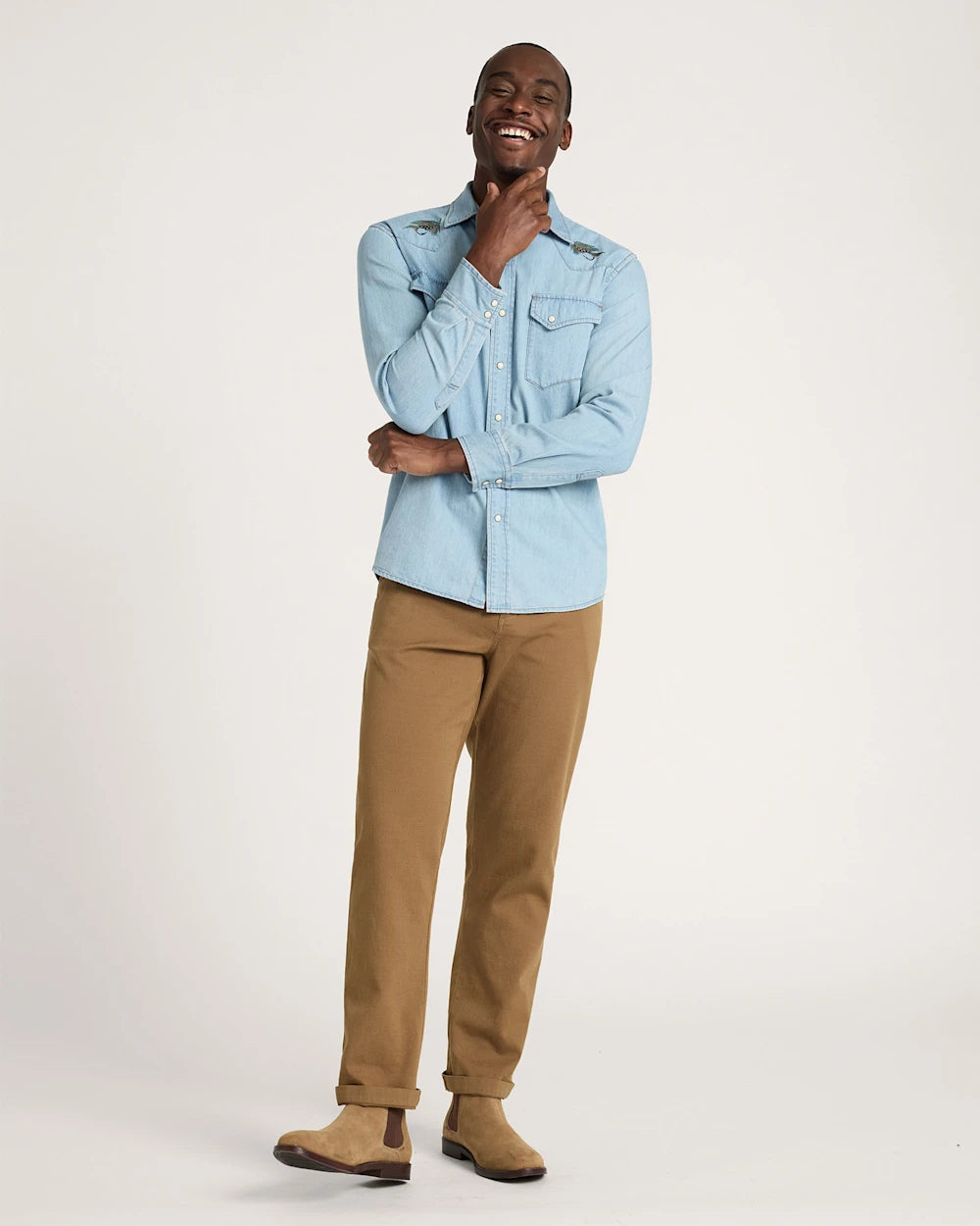 MEN'S SALMON EMBROIDERED DENIM GAMBLER SHIRT<br>LIGHT BLUE/SALMON