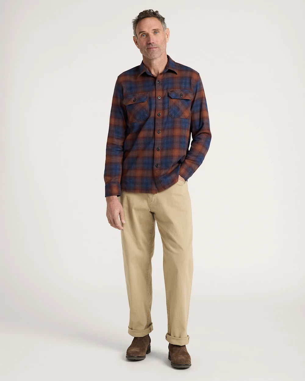 MEN'S PLAID BURNSIDE COTTON FLANNEL SHIRT<br>NAVY/BRICK PLAID