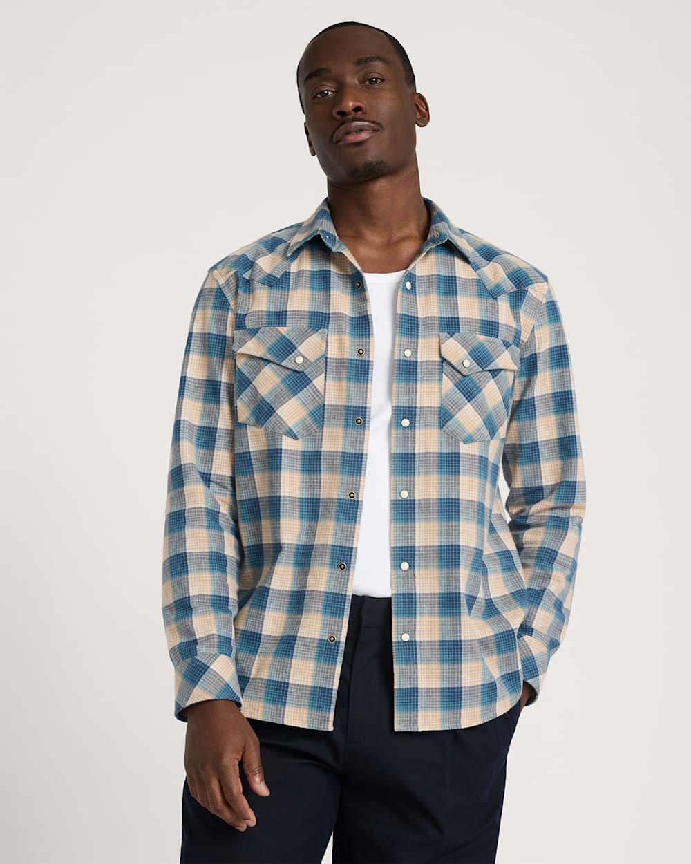 MEN'S PLAID SNAP-FRONT WYATT COTTON SHIRT<br>TAN/BLUE PLAID