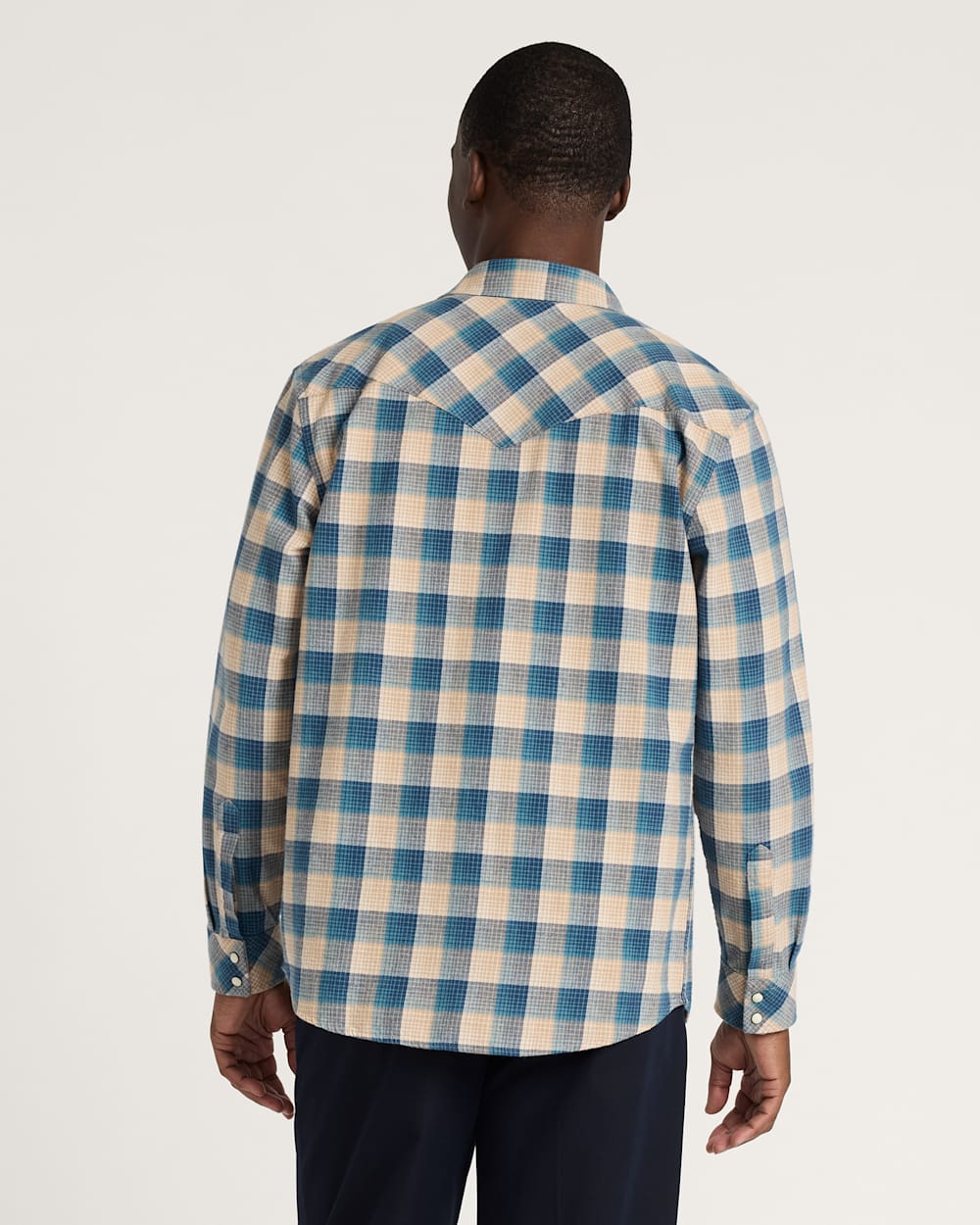 MEN'S PLAID SNAP-FRONT WYATT COTTON SHIRT<br>TAN/BLUE PLAID