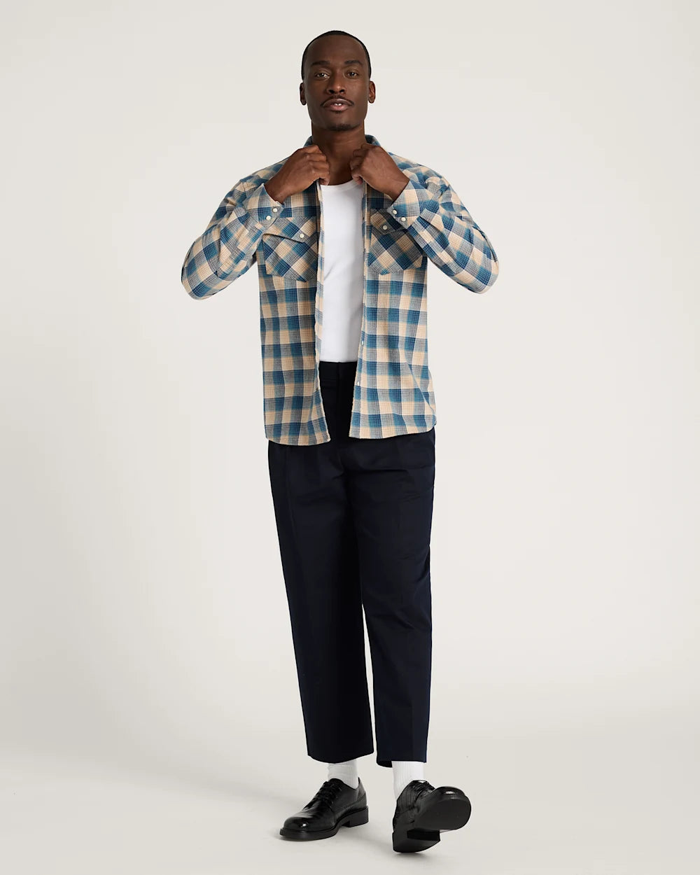 MEN'S PLAID SNAP-FRONT WYATT COTTON SHIRT<br>TAN/BLUE PLAID