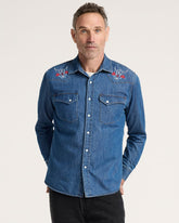 MEN'S BISON EMBROIDERED DENIM GAMBLER SHIRT<br>BLUE/BISON
