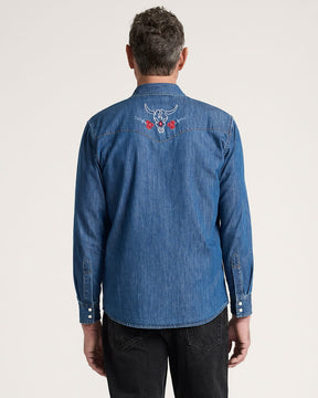 MEN'S BISON EMBROIDERED DENIM GAMBLER SHIRT<br>BLUE/BISON