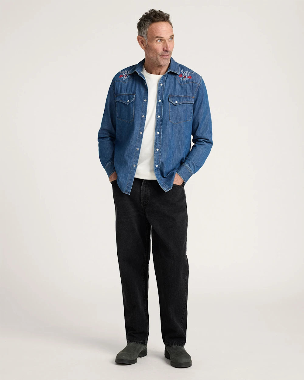 MEN'S BISON EMBROIDERED DENIM GAMBLER SHIRT<br>BLUE/BISON