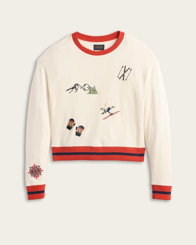 WOMEN'S SKI GRAPHIC FRENCH TERRY PULLOVER<br>IVORY