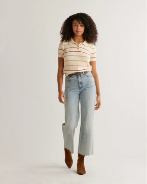 WOMEN'S SHORT SLEEVE POLO SWEATER<br>IVORY STRIPE