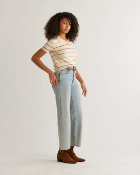 WOMEN'S SHORT SLEEVE POLO SWEATER<br>IVORY STRIPE