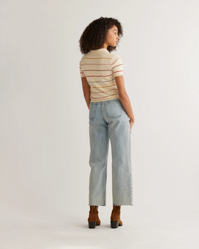 WOMEN'S SHORT SLEEVE POLO SWEATER<br>IVORY STRIPE