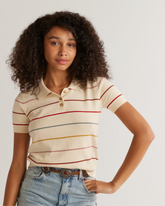 WOMEN'S SHORT SLEEVE POLO SWEATER<br>IVORY STRIPE