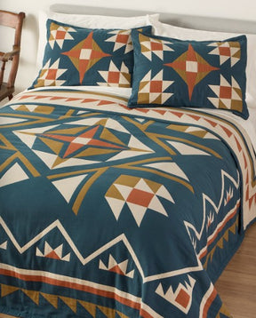 QUILTED STAR COTTON MATELASSE COVERLET<br>INDIGO
