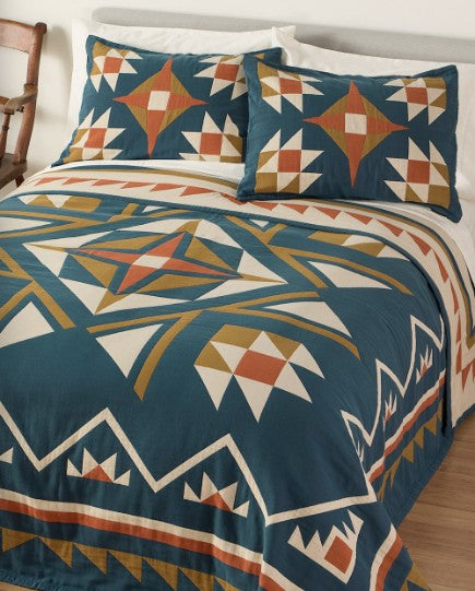 QUILTED STAR COTTON MATELASSE COVERLET<br>INDIGO