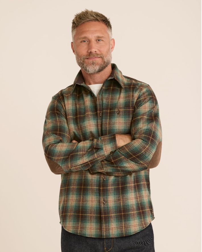 MEN'S PLAID ELBOW-PATCH TRAIL SHIRT<br>BROWN/GREEN PLAID