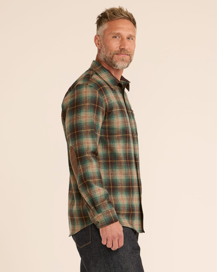 MEN'S PLAID ELBOW-PATCH TRAIL SHIRT<br>BROWN/GREEN PLAID